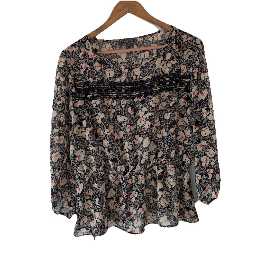 Lily Rose Black Beige Coral Floral Top XL Elastic Waist Lace Cottagecore Peasant
